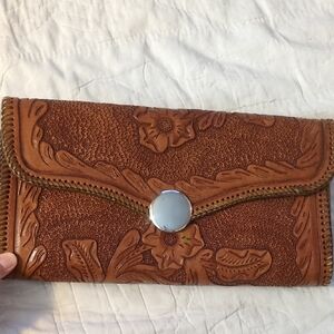 Brown Floral Embossed Leather Clutch Purse